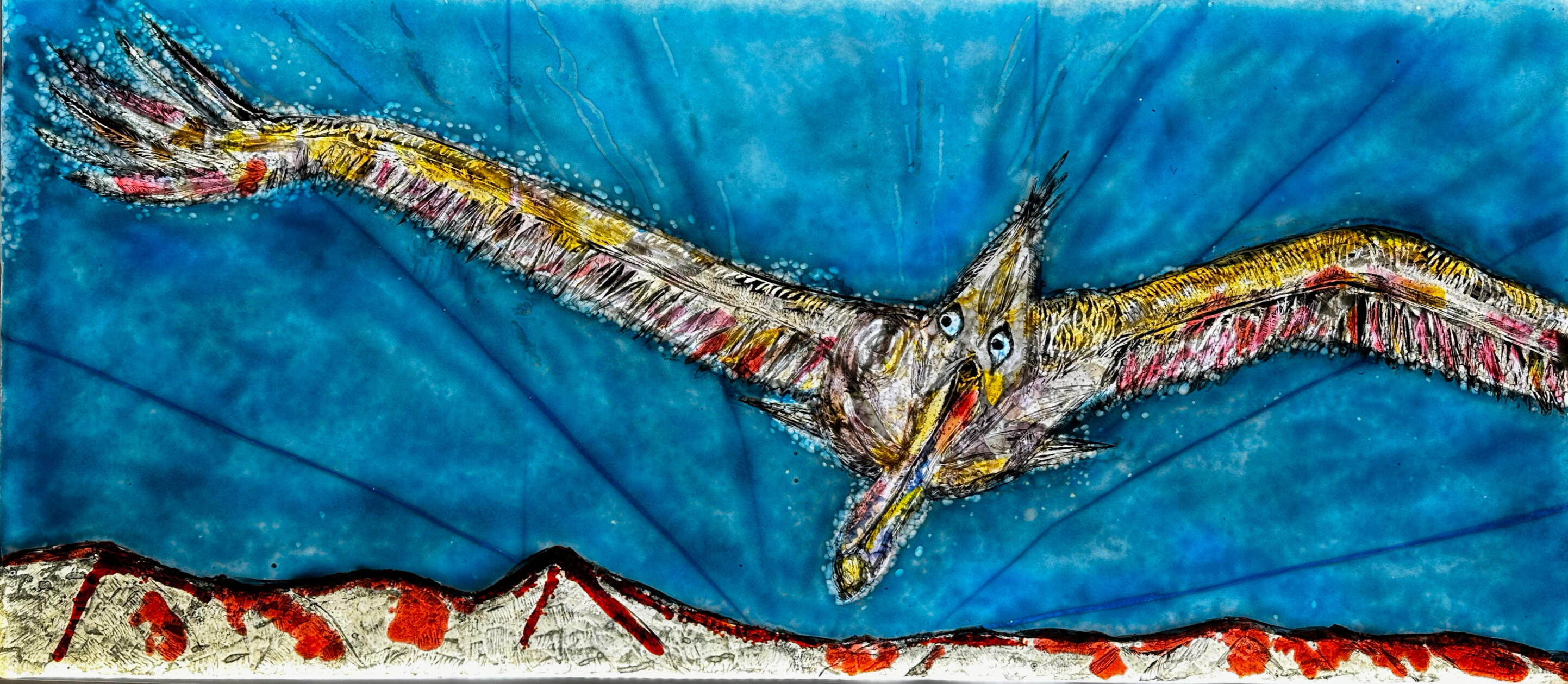 Image of work titled The Great Escape. A backlit glass panel depicting a pelican in flight away from land.